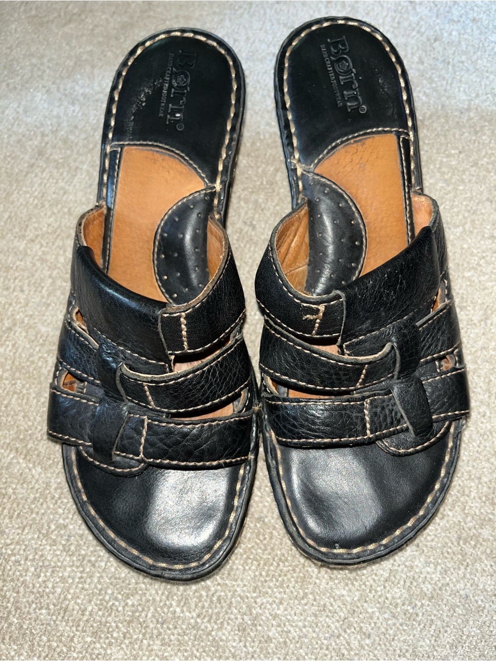 Born Black Leather Slip-On Mules with Contrast Stitching